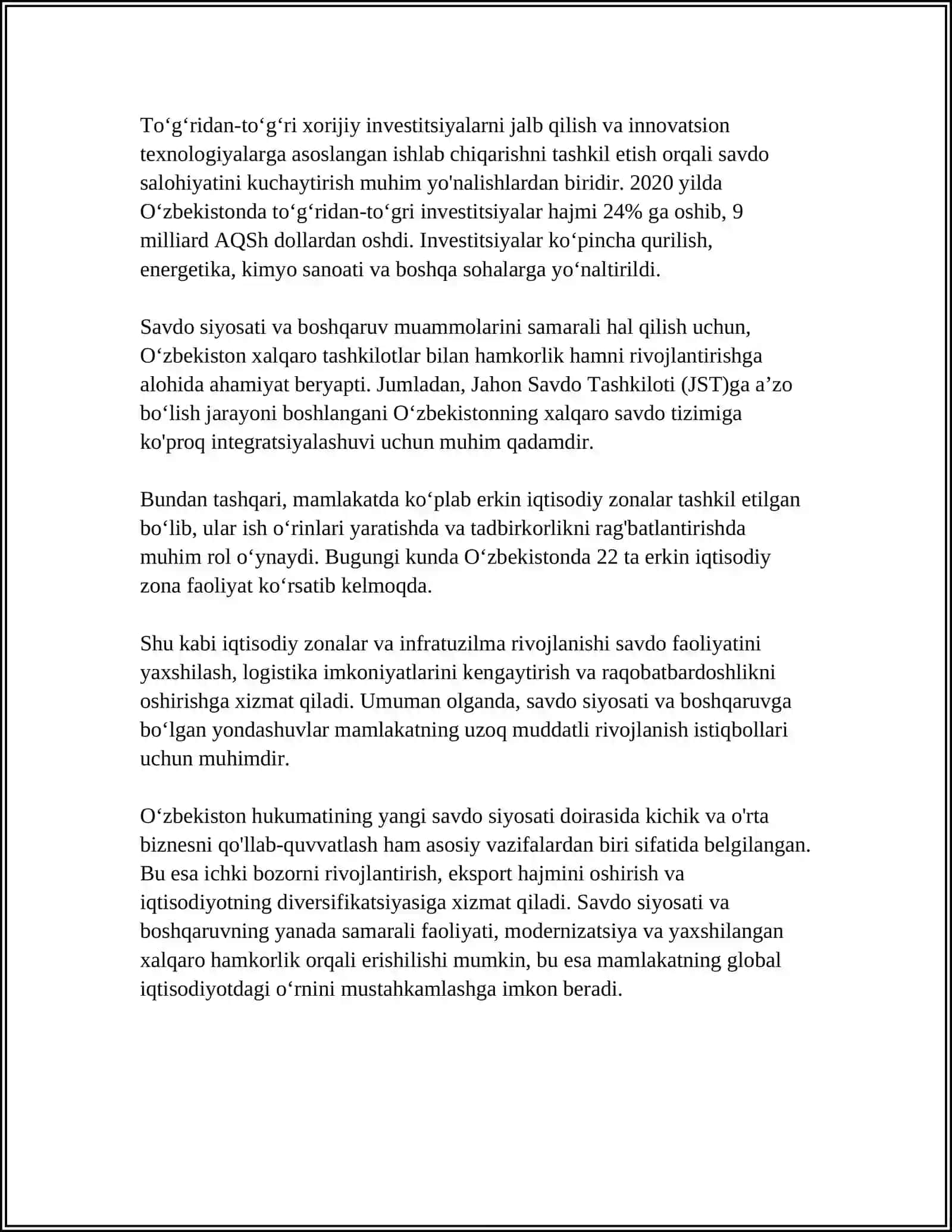 O'ZBEKISTON RESPUBLIKASINING BUTUNJAHON SAVDO TASHKILOTIGA A'ZO BO'LIB KIRISHINI BELGILOVCHI SHART-SHAROITLAR 4