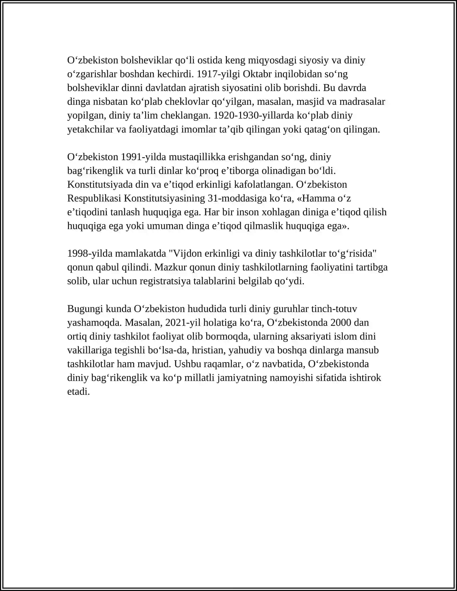 OʻZBEKISTONDA KONFESSIYALAR ARO DINIY BAGʻRIKENGLIKNING TARIXIY TAJRIBASI 4