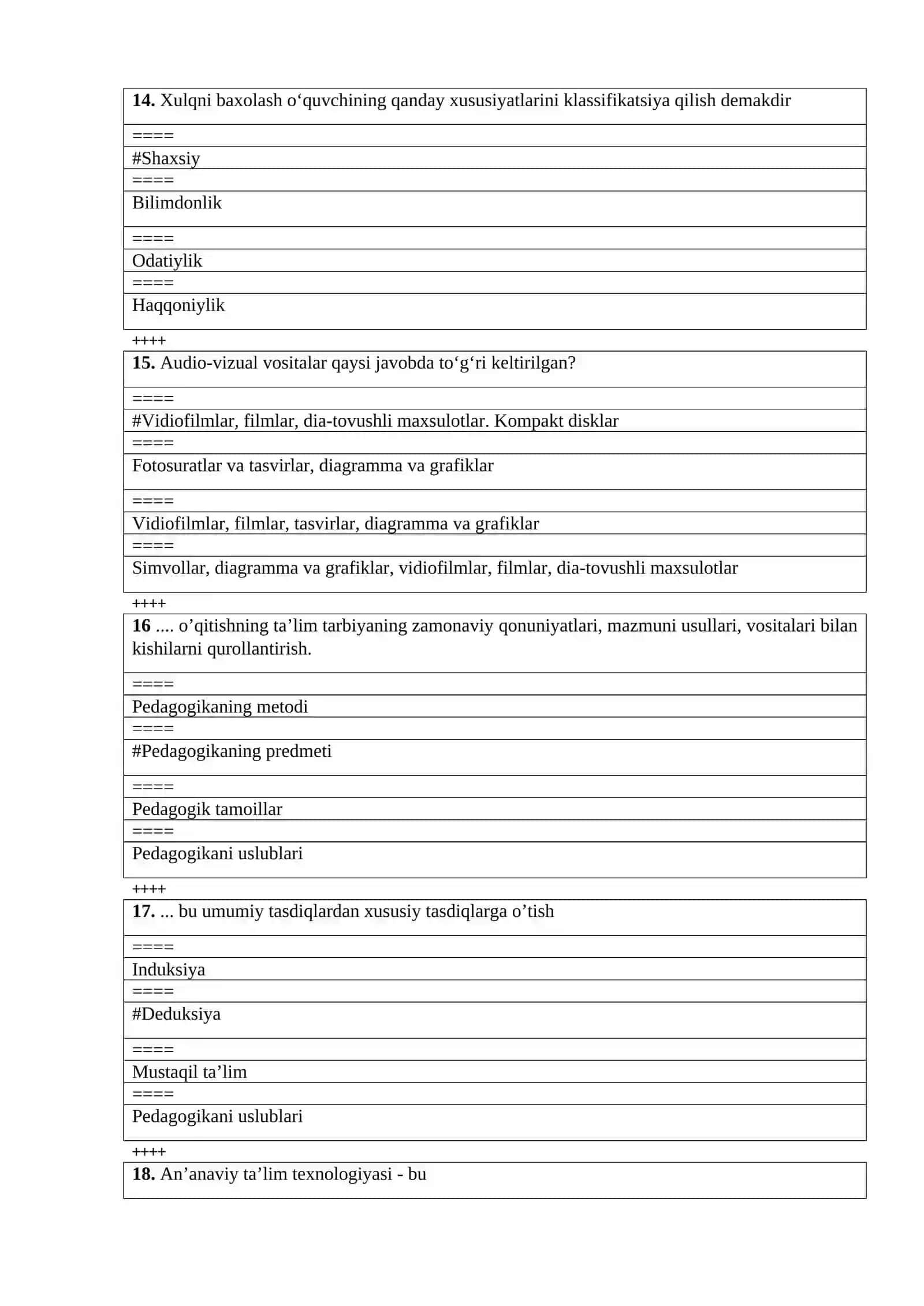 Umumiy pedagogika fanidan testlar to’plami 4