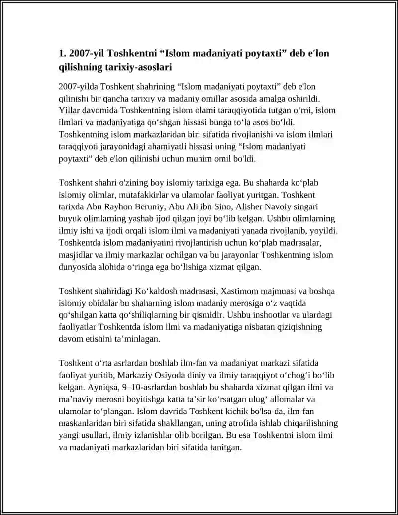2007-YIL TOSHKENT -ISLOM MA'DANIYATI POYTAXTI DEB E'LON QILINISHINING MAZMUNI VA MOHIYATI 4