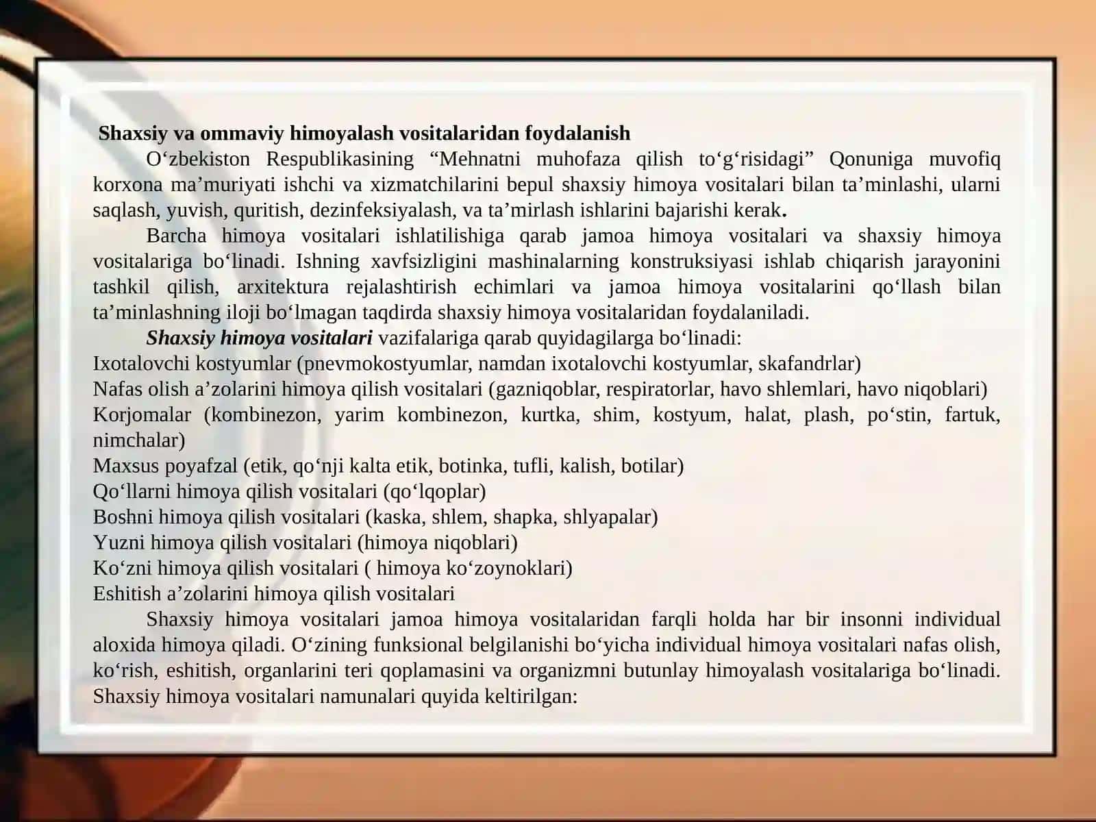 Hayot faoliyati xavfsizligining komfort sharoitlari, ishchi o‘rnini ergonomikasini o‘rganish 4