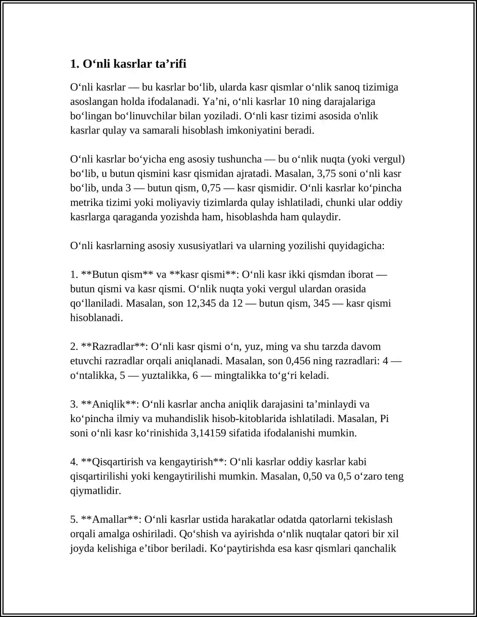 OʻNLI KASRLAR VA ULAR USTIDA ARIFMETIK AMALLARNI BAJARISH ALGORITMI 4