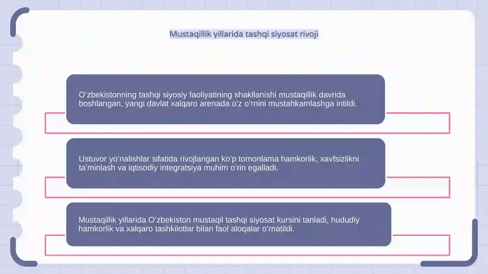 Oʻzbekiston respublikasi tashqi siyosiy faoliyatining shakllanishi va uning ustuvor yoʻnalishlari 4