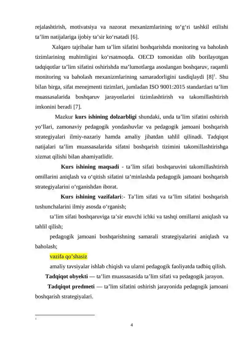 “TA’LIM SIFATI BOSHQARUVINI TAKOMILLASHTIRISH OMILLARI. O’QITISH SIFATINI TA’MINLASH BO’YICHA PEDAGOGIK JAMOANI BOSHQARISH STRATEGIYASI” MAVZUSIDA 4