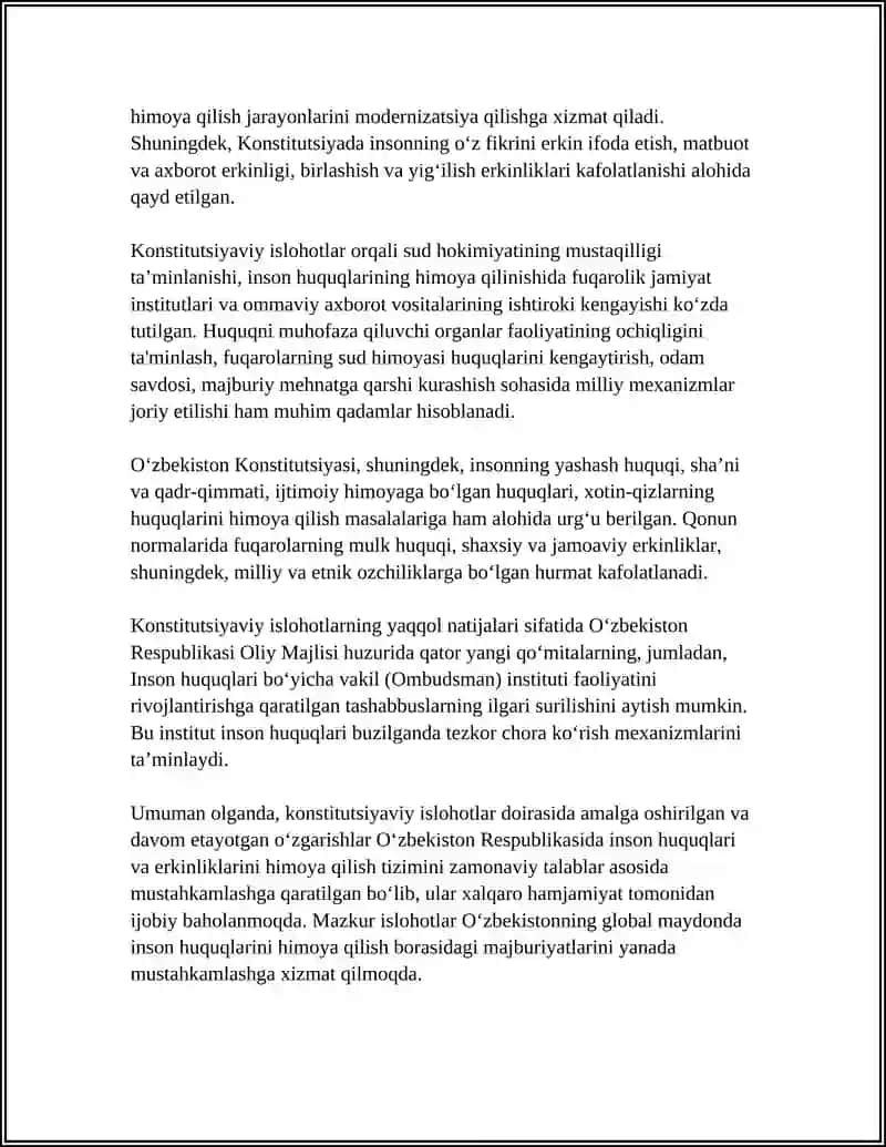 YANGI ÒZBEKISTONDA INSON HAQ-HUQUQLARI VA ERKINLIKLARI KAFOLATINING YARATILISHI REFERAT 4