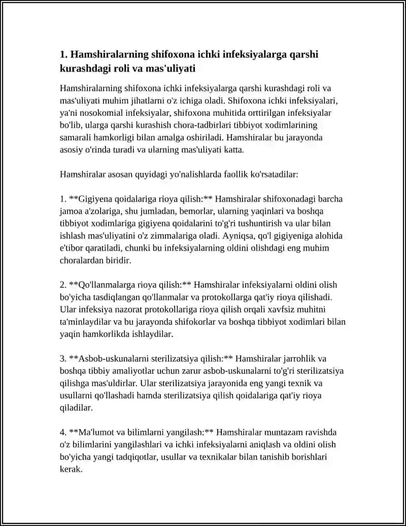 HAMSHIRALARNING SHIFOXONA ICHKI INFEKSIYALARIGA QARSHI KURASHISH CHORA - TADBIRLARIDAGI ISHTIROKI 4
