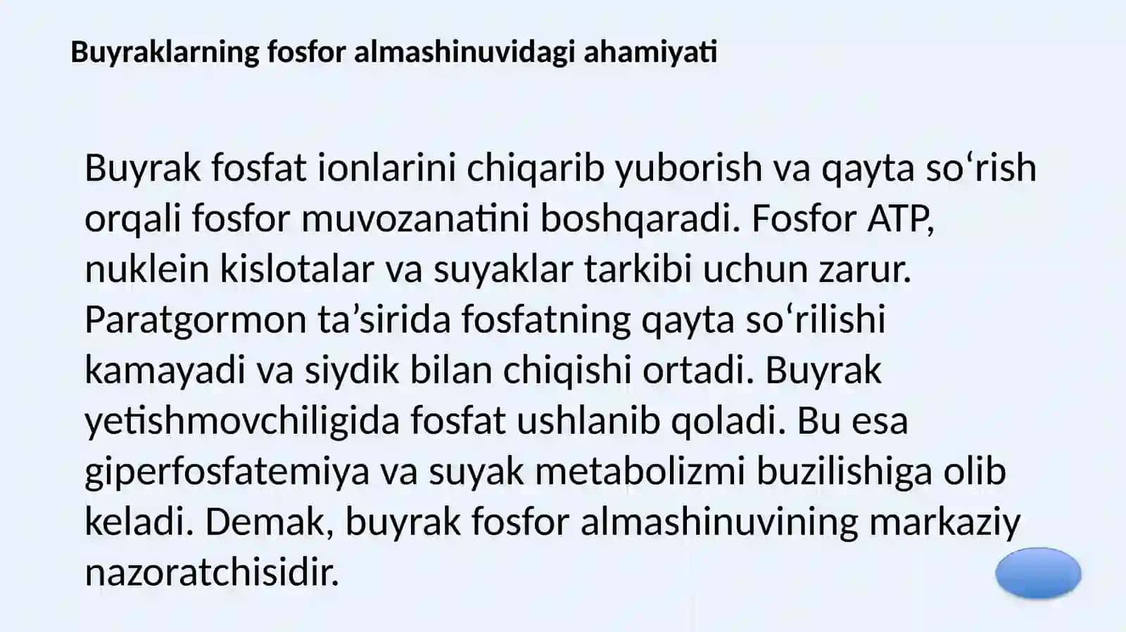 BUYRAKLARNING KALSIY, FOSFOR VA BIKARBONAT ALMASHINUVIDAGI AHAMIYATI, ENERGIYA TA'MINOTI VA TOSH HOSIL BO‘LISHINING BIOKIMYOVIY ASOSLARI 4