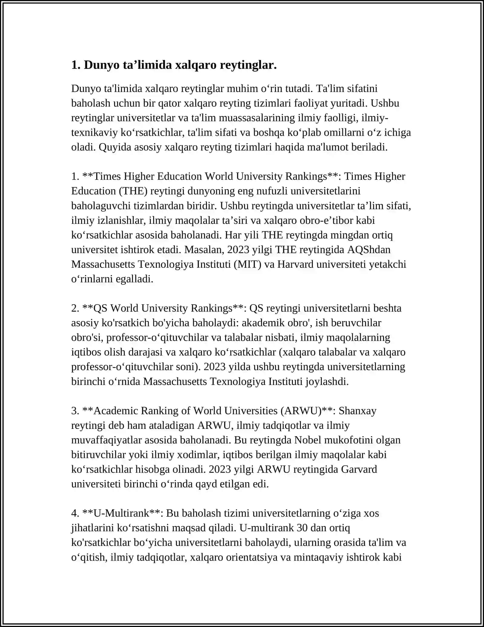 DUNYO TAʼLIMIDA XALQARO REYTINGLAR.STATISTIKA MAʼLUMOTLAR.OʻQISH SAVODXONLIGIDA BAHOLANADIGAN ASOSIY KOMPETENSIYALAR 4