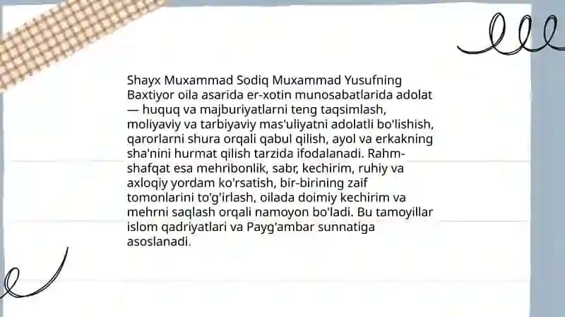 Shayx Muxammad Sodiq Muxammad Yusufning Baxtiyor oila asarida islom qadriyatlarining talqini 4