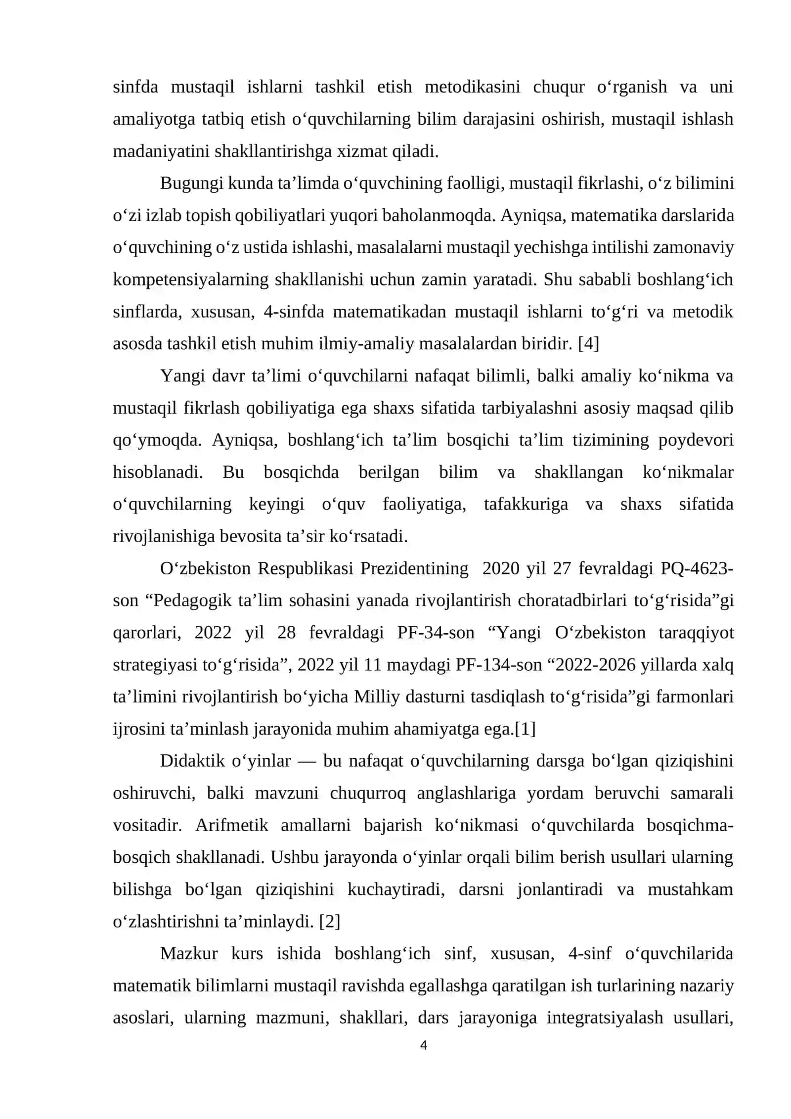 : Boshlang‘ich sinfda matematikadan mustaqil ishlarni tashkil etish metodikasi. (4-sinf misolida) 4