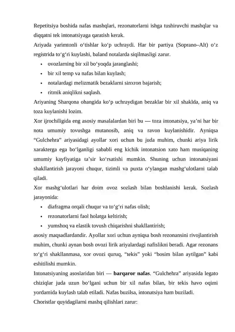 “Arshin Mal Alan” operasidan Gulchehra ariyasi ayollar xori uchun. Xorning toza ijrosini shakllantirish. Ifodali ijroni ta’minlash 4