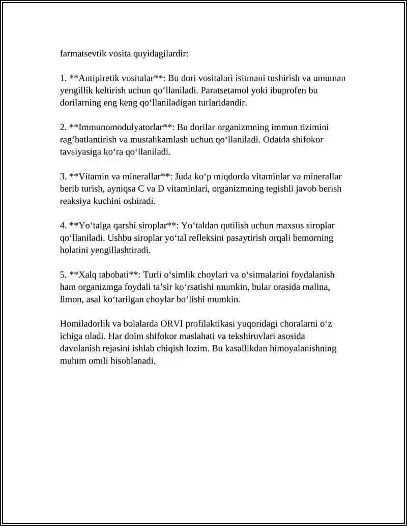 YOSH BOLLALARDA VA XOMILODORLARDA O'RVI KASALLIKLARINI OLDINI OLISH VA 5 FARMASEFTIK YORDAM 4