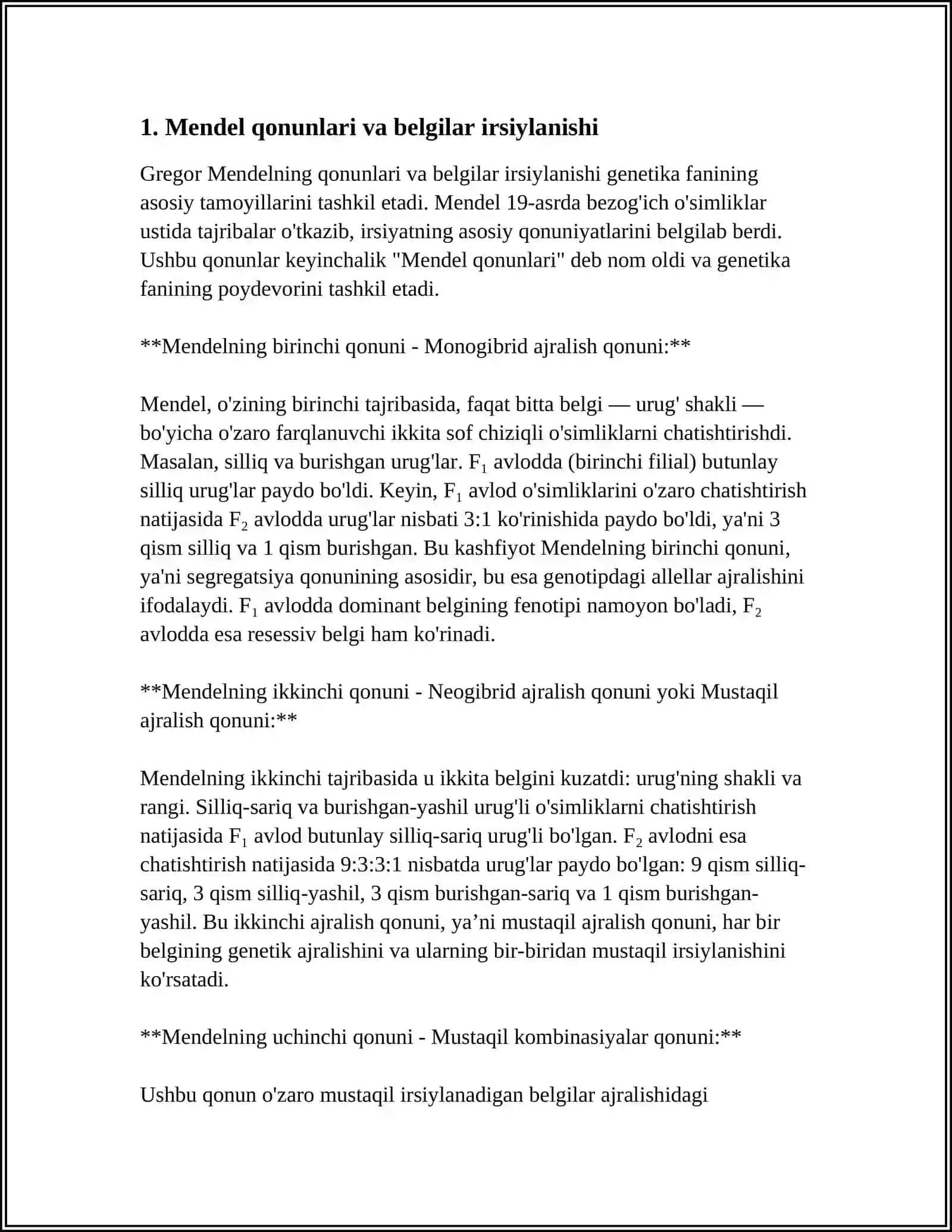 BELGILARNING IRSIYLANISH QONUNLARI. IRSIYAT QONUNLARI. GENETIK INJENERIYANING TIBBIYOTDAGI ROLI. ANTIMUTAGENEZ 4