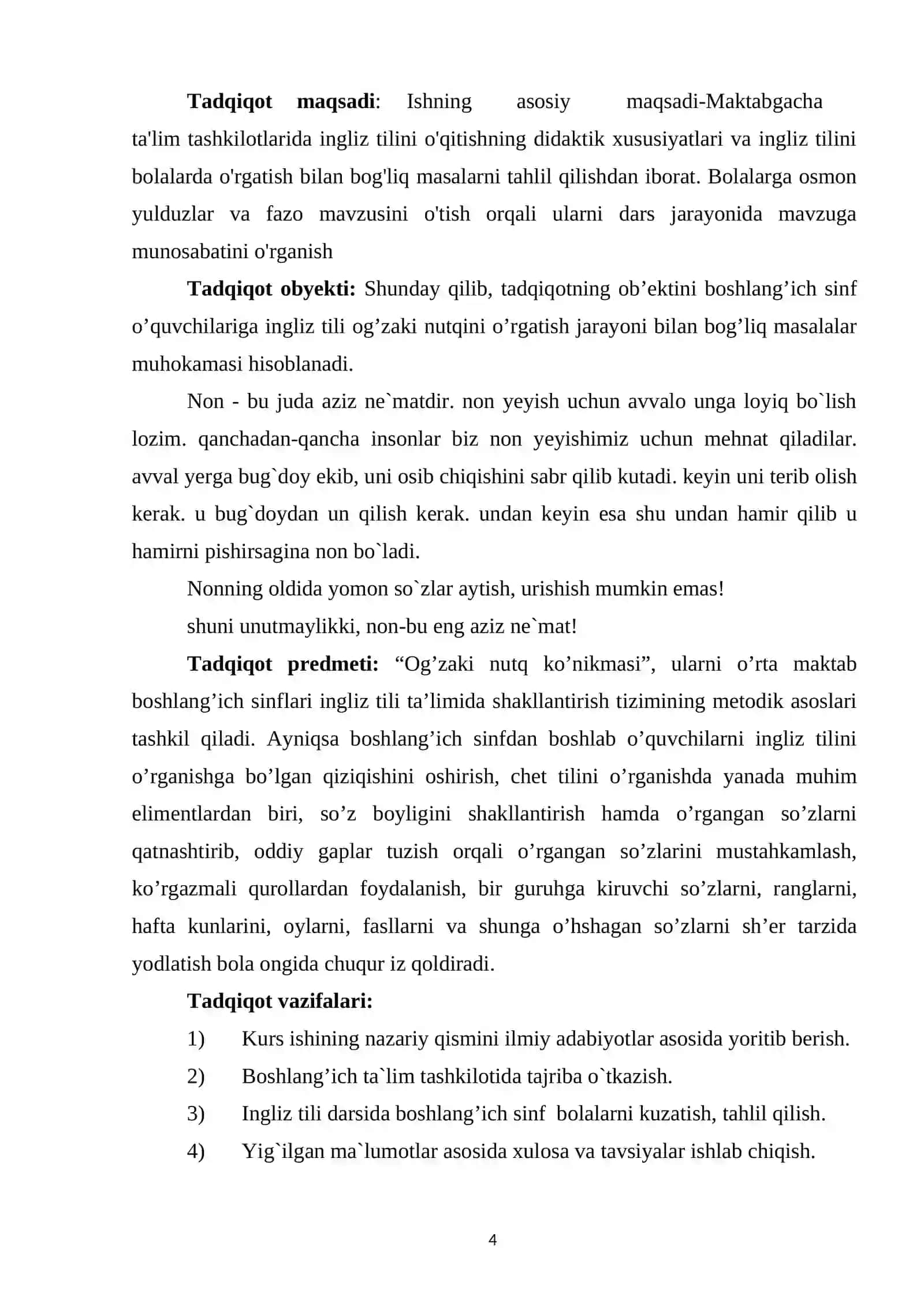 INGLIZ TILIDA “NON AZIZ” MAVZUSIDA TARBIYAVIY TADBIRNI TASHKIL QILISH ISHLANMA LOYIHASI 4