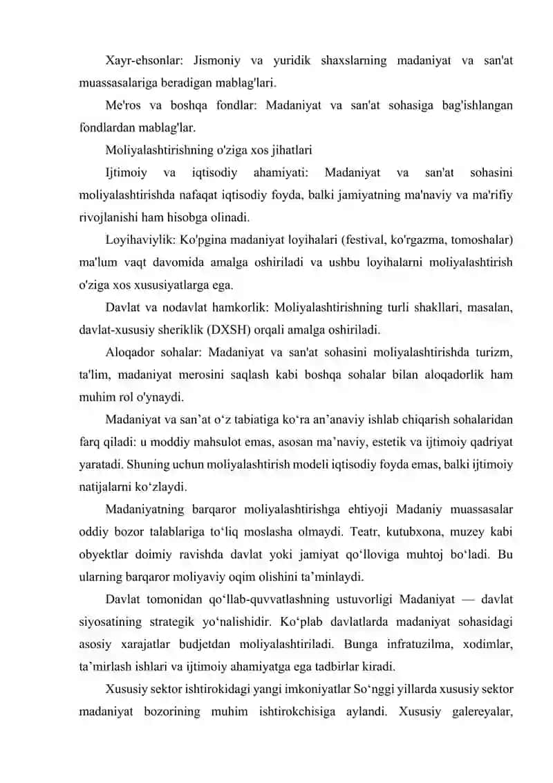 MADANIYAT VA SAN'AT SOHASINI MOLIYALASHTIRISHNING O'ZIGA HOS XUSUSIYATLARI 4