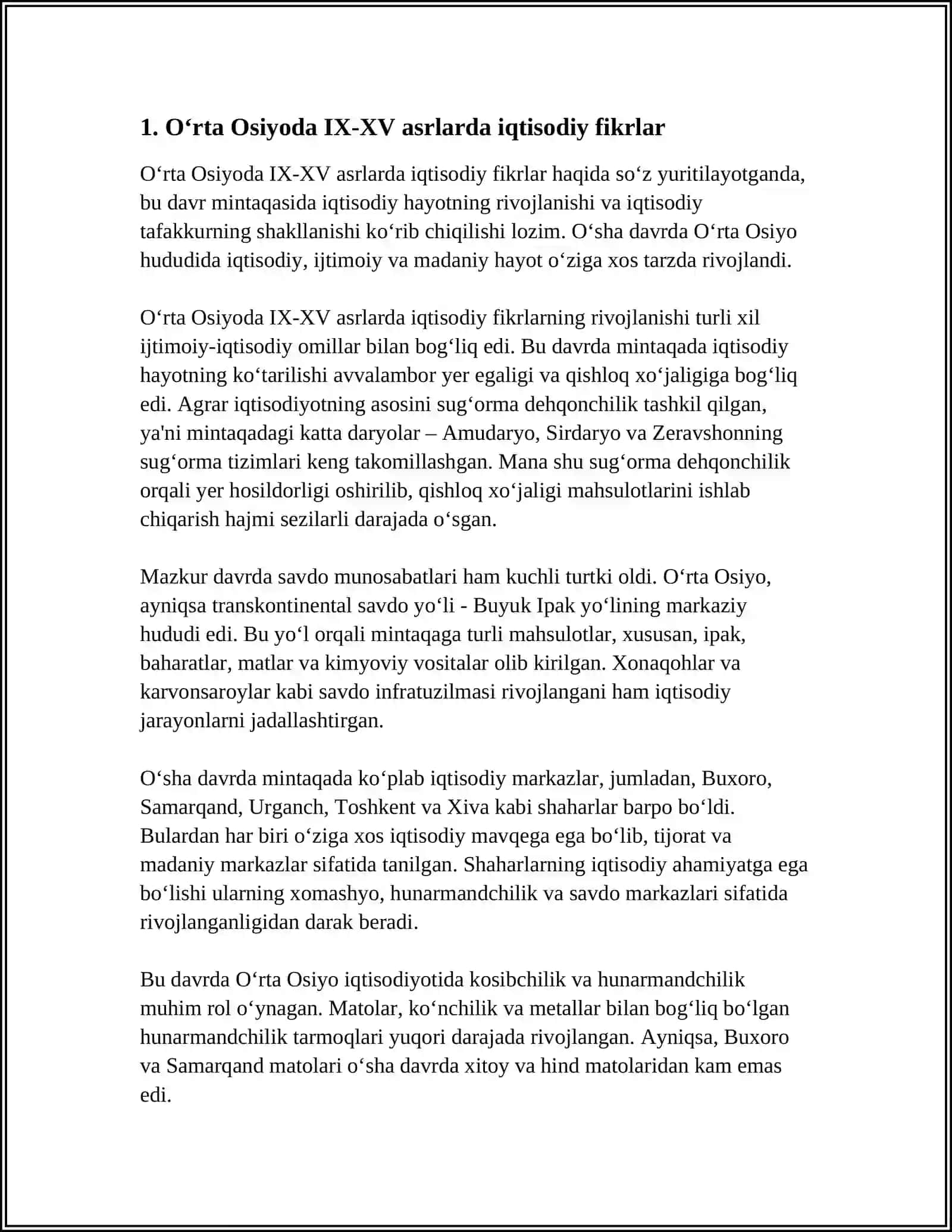 IX-XV ASRLARDA OʻRTA OSIYODAGI IQTISODIY FIKRLAR.XIX ASR OʻRTALARIDAGI NAMOYONDALARI: SENIOR BASTIYA, MOK-KULLOX VA KERILARNING IQTISODIY QARASHLARI 4