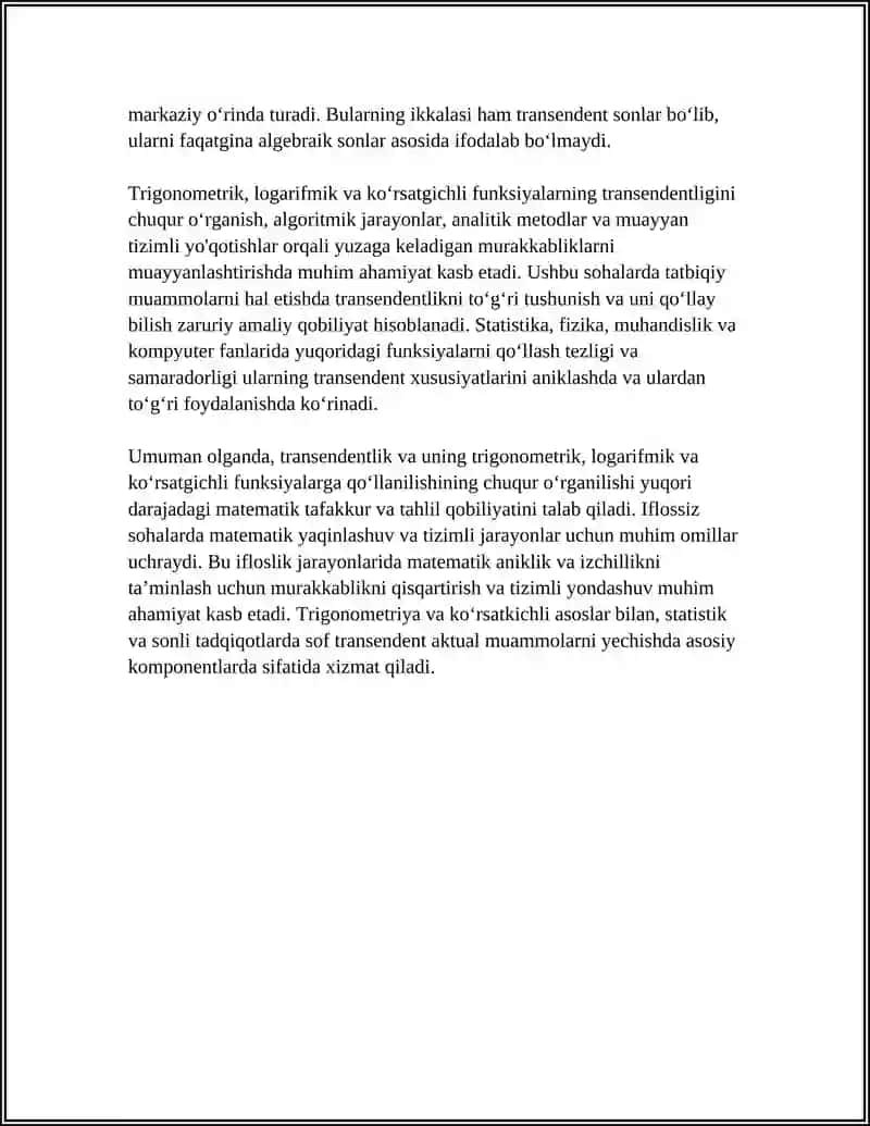 TRIGONOMETRIK, LOGARIFMIK VA KOʻRSATGICHLI FUNKSIYALARNING TRANSENDENTLIGI 4