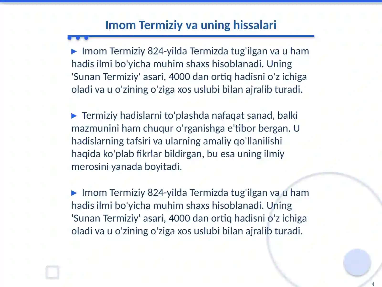 Imom Buxoriy va Imom Termiziyning hadis ilmiga qo'shgan hissalarining qiyosiy tahlili 4