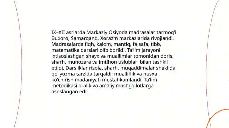 IX XII asrlarda markaziy Osiyoda ilm fan va qoʻlyozma kitobotchilik ishining rivojlanishi 4