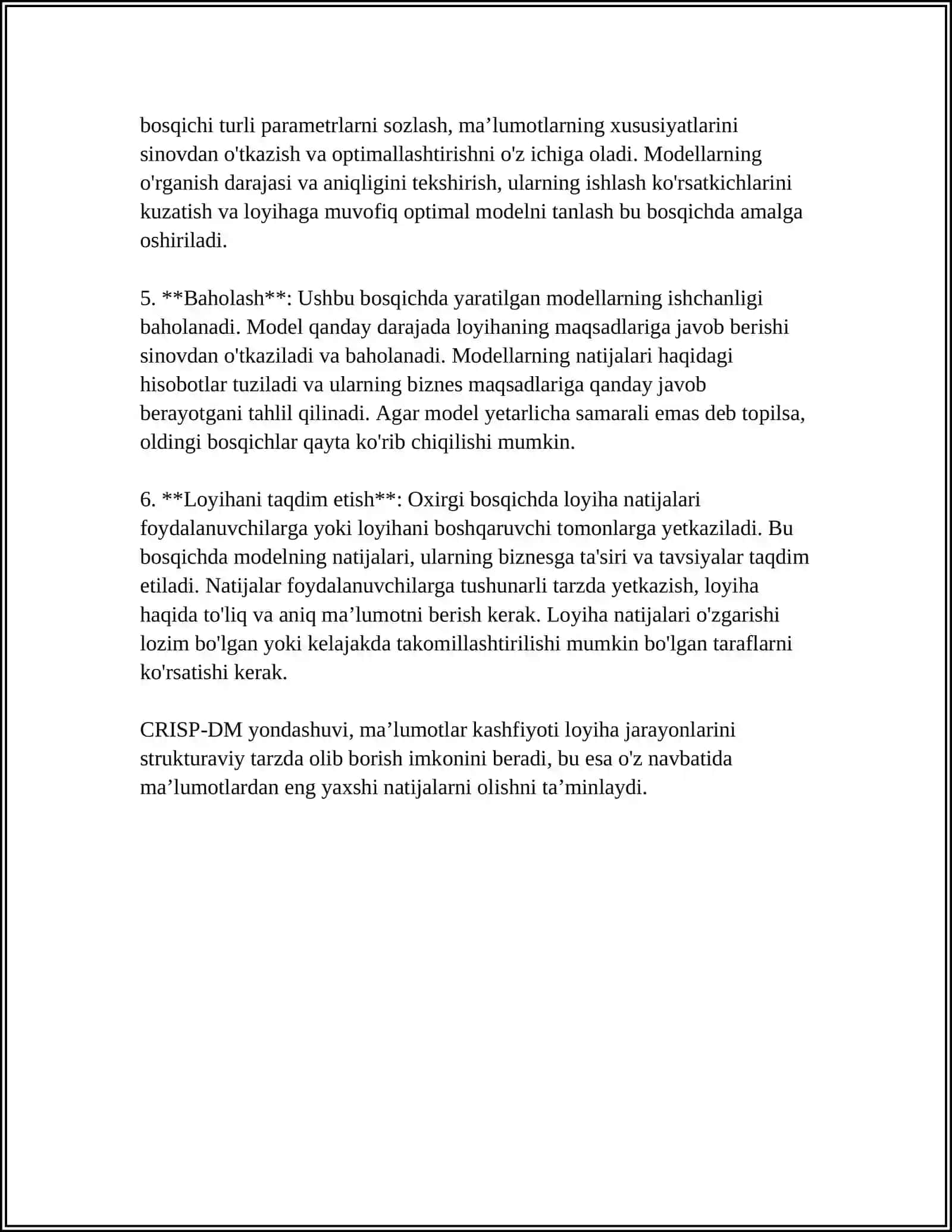 CRISP-DM METODOLOGIYASI BOʻYICHA TAJRIBA SINOV ISHLARINI AMALGA OSHIRISH 4