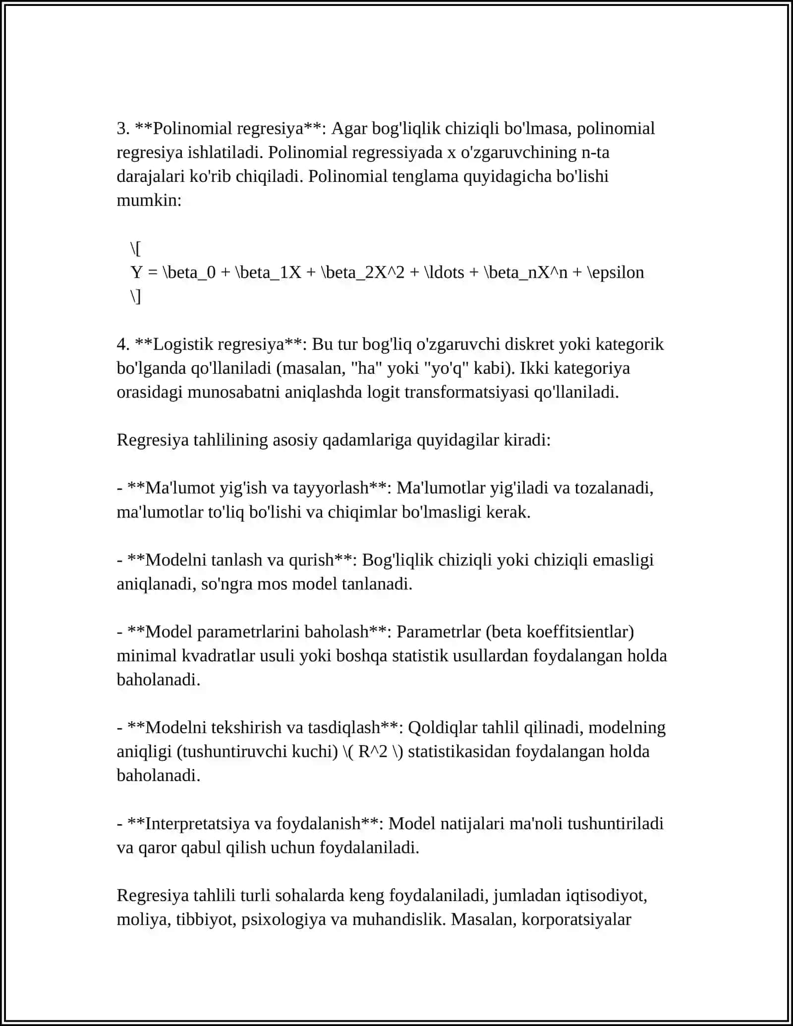 TANLANGAN CHIZIQLI REGRESSIYA TENGLAMASINING ISHONCHLILIK DARAJASI QANDAY BAXOLANADI? 4