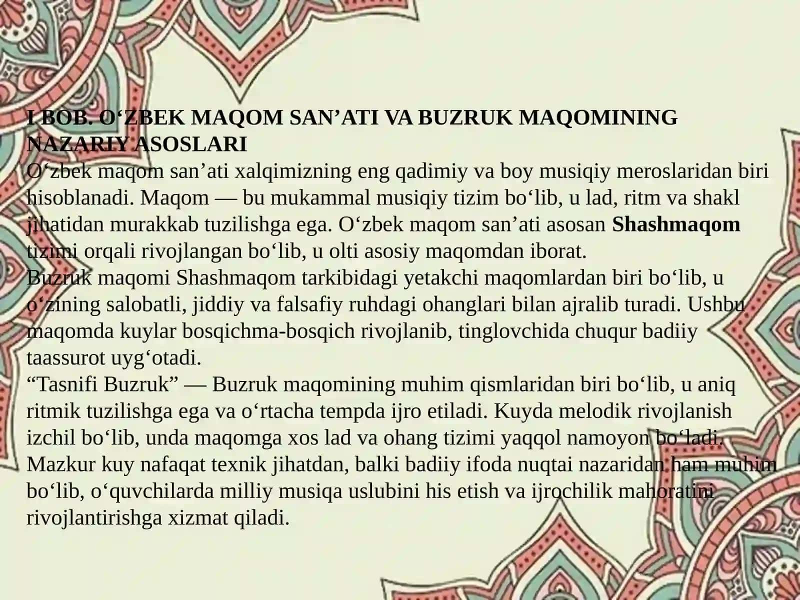 Yuqori sinf o’quvchilariga Buzruk maqomidan “Tasnifi Buzruk” kuyini tanbur cholg’usida o’rgatish metodikasi 4