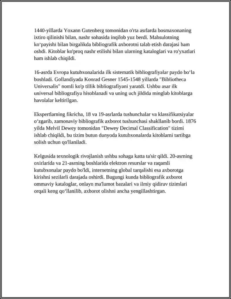 BIBLIOGRAFIK AXBOROTNING PAYDO BOʻLISHI VA RIVOJLANISHNING ASOSIY YOʻNALISHLARI 4
