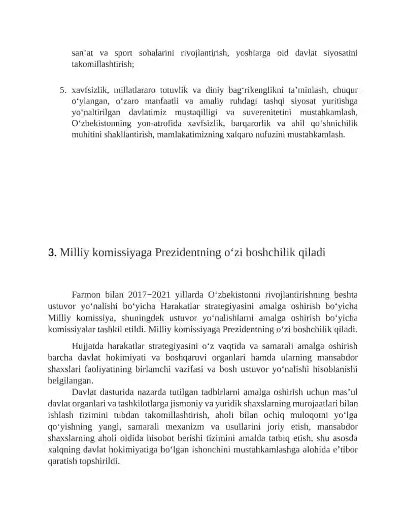 O’zbekiston respublikasi prezedentining O‘zbekistonni rivojlantirish bo‘yicha 5 harakatlar strategiyasi 4