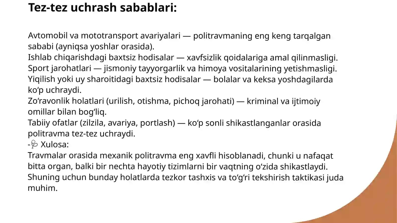 Ko‘krak qafasi, qorin bo‘shlig‘i va kichik tos a’zolari travmasi. Politravmada tekshirish taktikasi. 4
