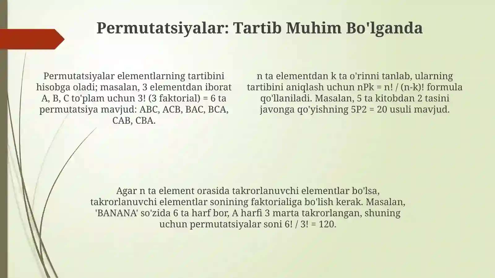 Kombinatorika mavzusidagi formulalari yordamida yechiladigan masalalar tuzish 4