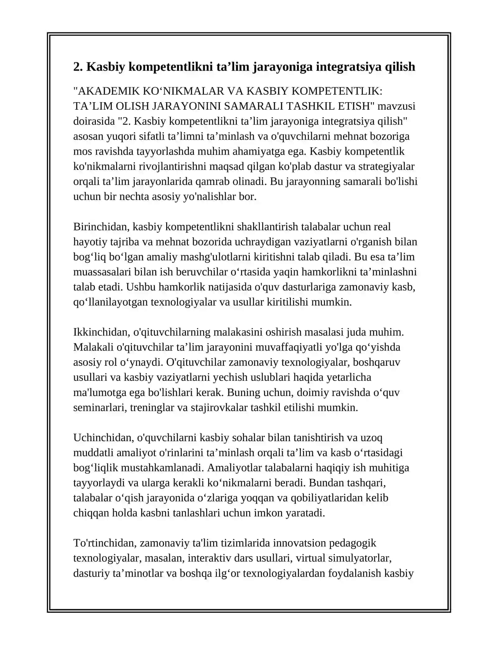 AKADEMIK KOʻNIKMALAR VA KASBIY KOMPETENTLIK: TAʼLIM OLISH JARAYONINI SAMARALI TASHKIL ETISH 4