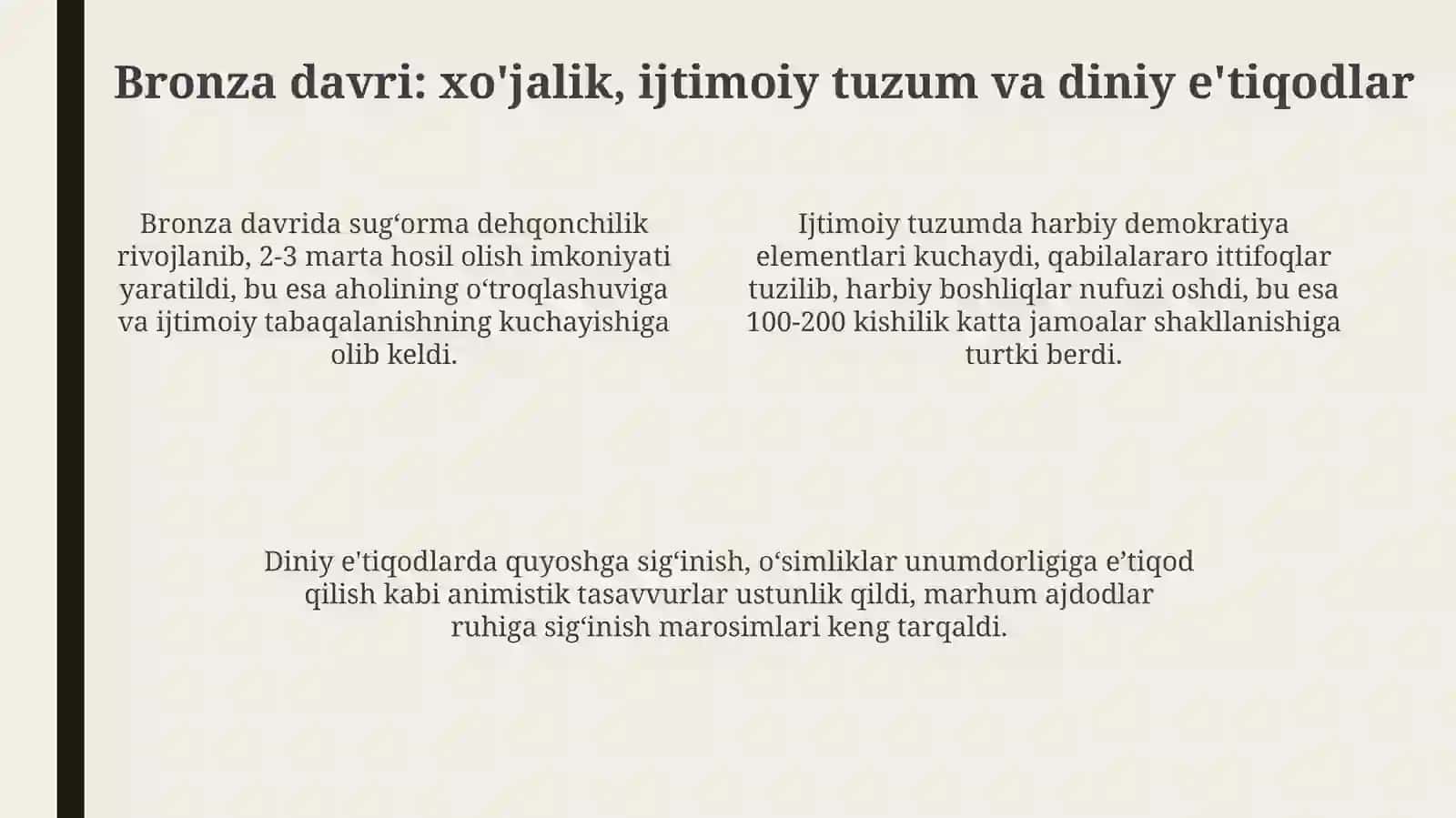 O'zbekiston hududida eneolit, bronza va ilk temir davrlarining xususiyatlari seminar mavzusi 4