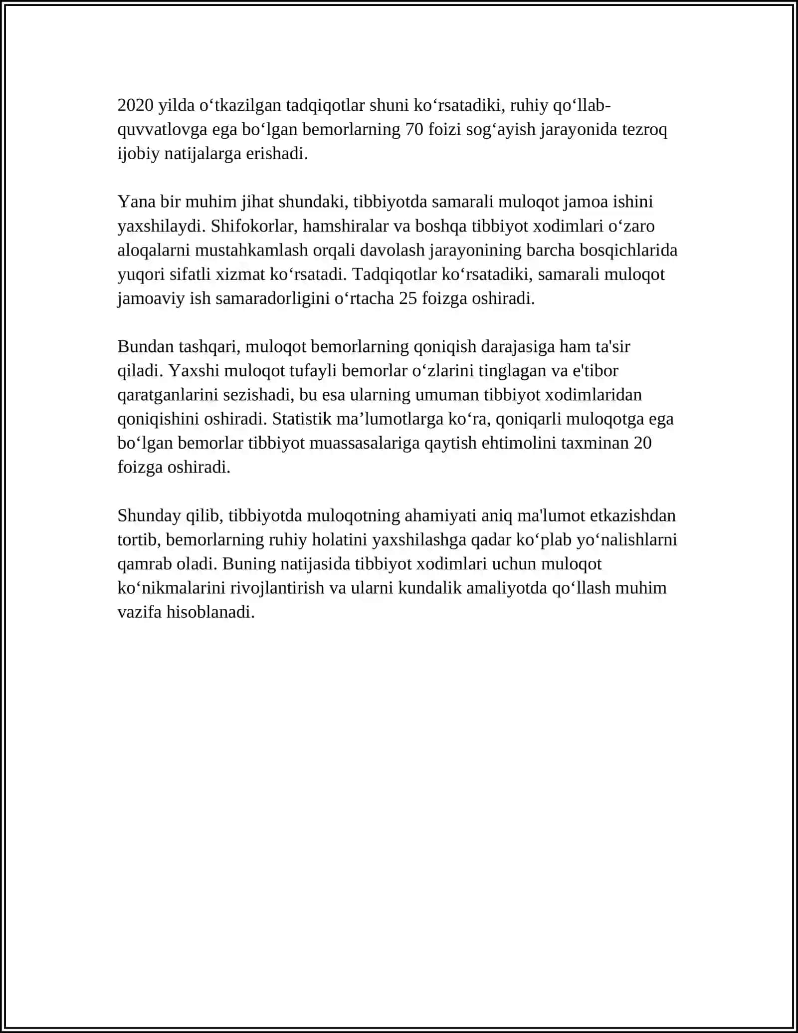 TIBBIYOTDA MULOQOTNING OʻRNI VA SHAXSLAR ARO MUNOSABATLAR PSIXALOGIYASI 4