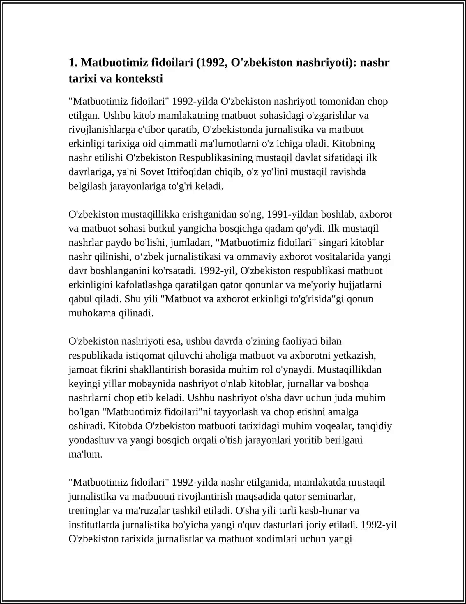 MATBUOTIMIZ FIDOILARI. UZBEKISTON NASHRIYOTI 1992 YIL 4