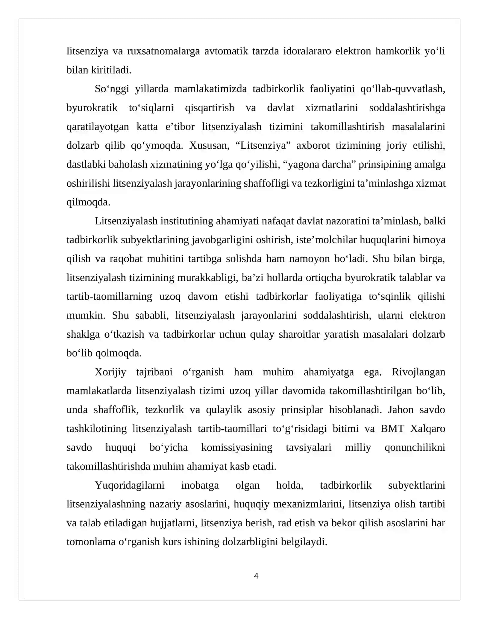 TADBIRKORLIK SUBEKTLARINI LITSENZIYALASH TUSHUNCHASI VA TARTIBI KURS ISHI 4