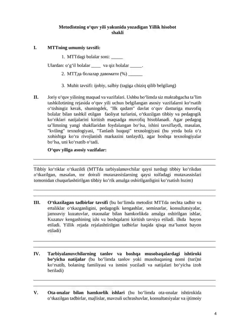 MAKTABGACHA TA'LIM TASHKILOTIDA ISH HUJJATLARI YURITILISHI 04-MAKTABGACHA TA'LIM TASHKILOTI METODISTNING ISH HUJJATLARI 4