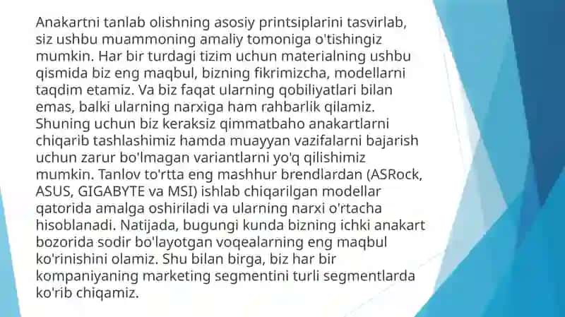 Asus, Gigabyte, Asrock, MSI tizimli platalarining turlari va umumiy tasnifi. 4