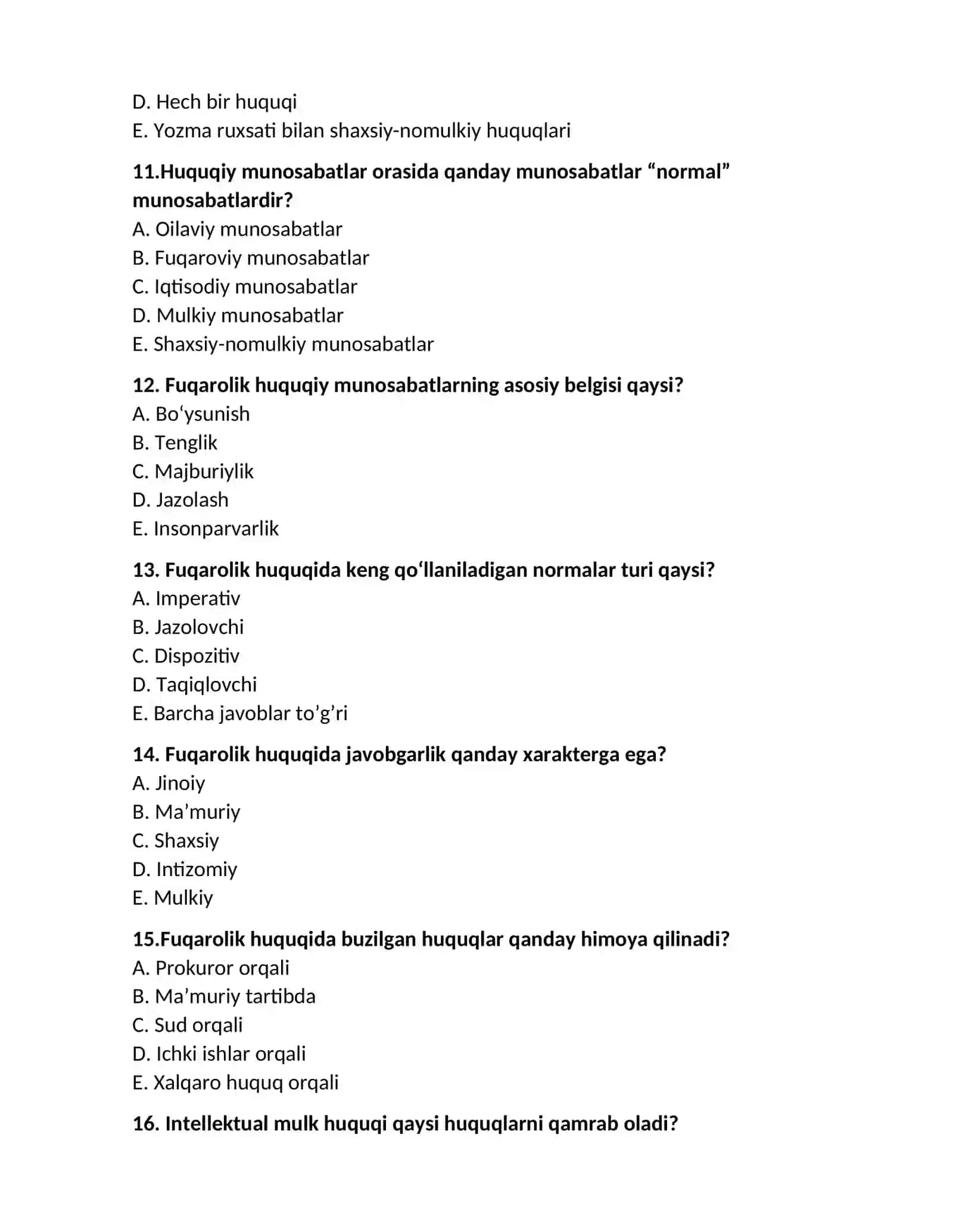 Fuqarolik huquqiga kirish fanidan testlar to'plami 4