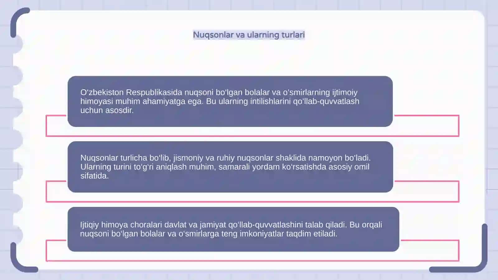 O‘zbekiston Respublikasida jismoniy va ruhiy rivojlanishida nuqsoni bo‘lgan bolalar va o‘smirlarning ijtimoiy himoyasi 4