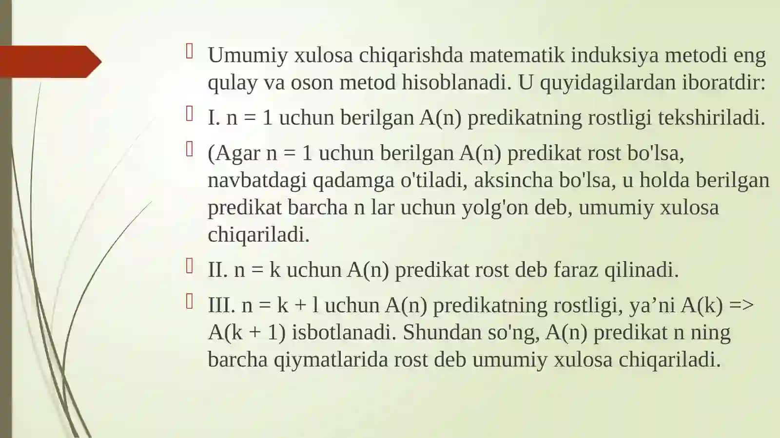 Matematik induksiya metodini qo’llashga oid misollar yechish 4