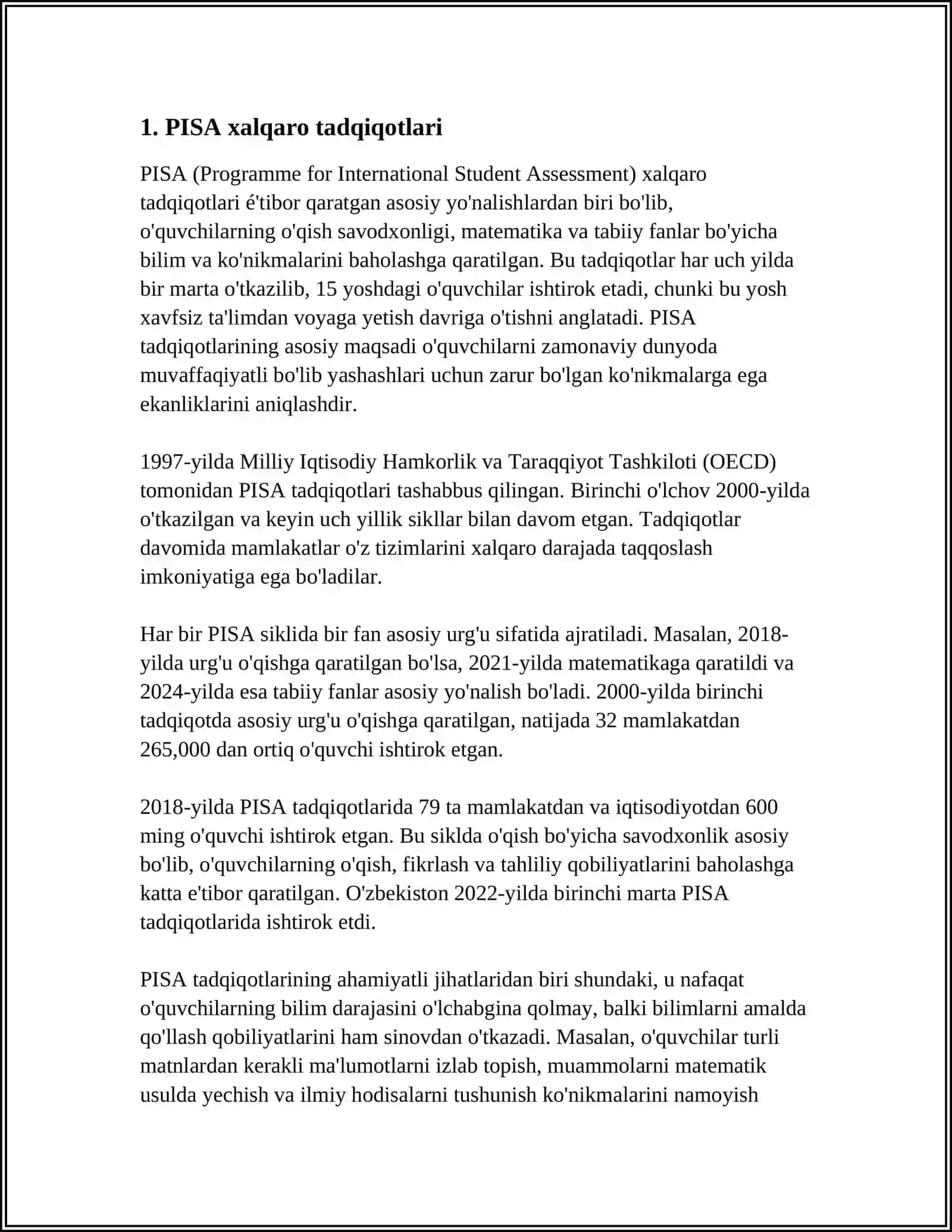 O'QUVCHILARNING BILIM, KO'NIKMA VA MALAKALARINI TASHXIS ETISH. TA'LIM SIFATINI BAHOLASH BO'YICHA XALQARO TADQIQOTLAR 4