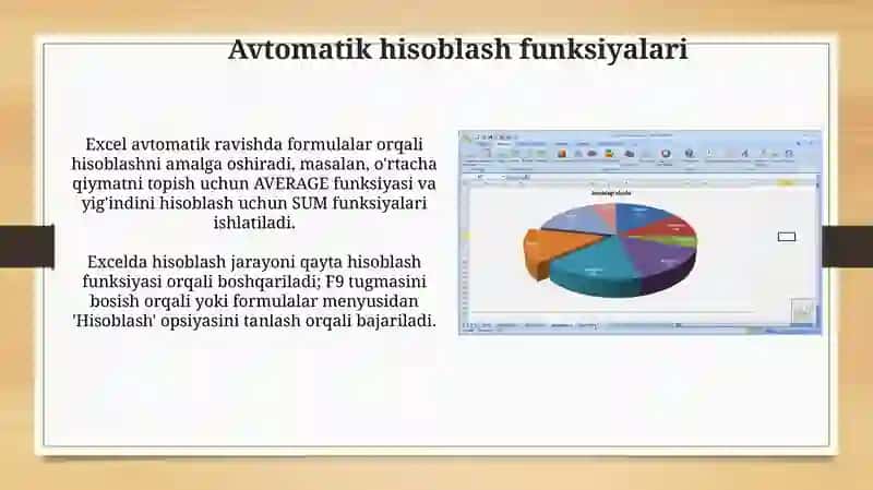 Excel dasturida avtoto’ldirishlar va avtohisoblashlar. Diagrammalar yaratish. 4