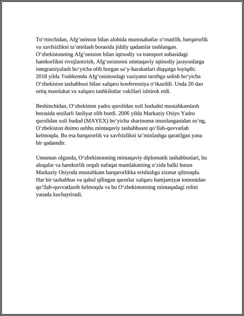 O‘ZBEKISTONNING MARKAZIY OSIYODA TINCHLIK VA BARQARORLIKNI TA’MINLASHDAGI O‘RNI 4