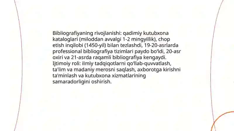 Bibliografik axborotning paydo bolishi va rivojlanishining asosiy yonalishlari Saidov Suhrob 4