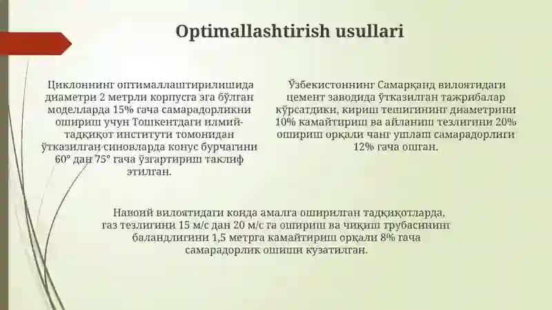 Quruq usulda chang ushlovchi siklon tuzilishi va parametrlari 4