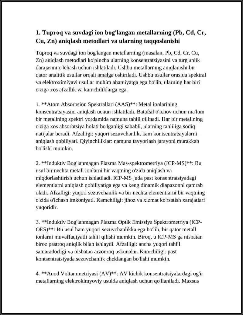Tuproq va suvdagi ion bog'langan metallarning (Pb, Cd, Cr, Cu, Zn) aniqlash metodlari 4