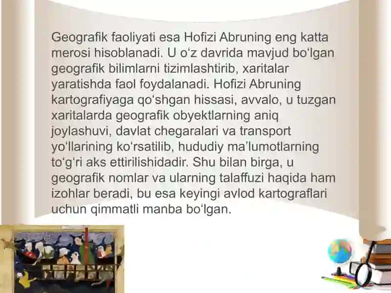 Hofizi Abru, Yoqut Hamafiy, Qoshg'ariy, Narshaxiy ilmiy faloiyatlari hamda kartografiya rivojiga qo'shgan hissasi 4