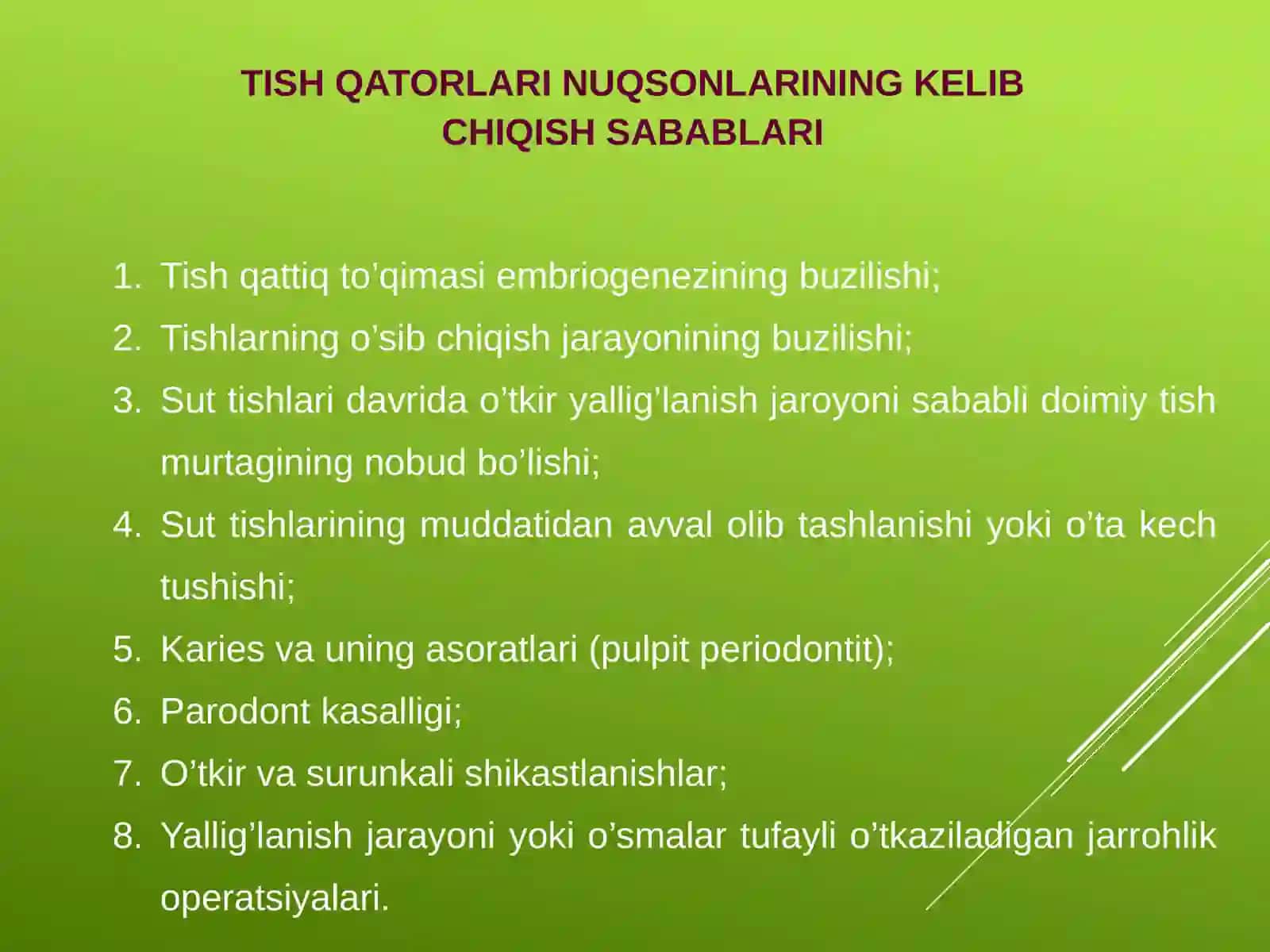 Tishlarning qisman nuqsonlari. Kelib chiqishi, patogenezi, klinikasi, diagnostikasi, tekshirish usullari va tashxisi. 4