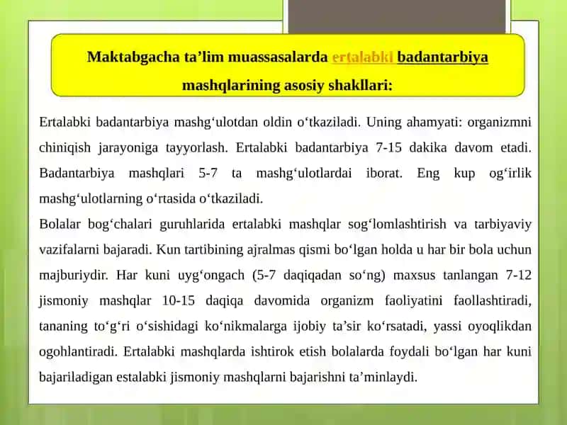Turli yosh guruhlarda ertalabki badan tarbiya mashg’ulotlarini tashkil etish 4