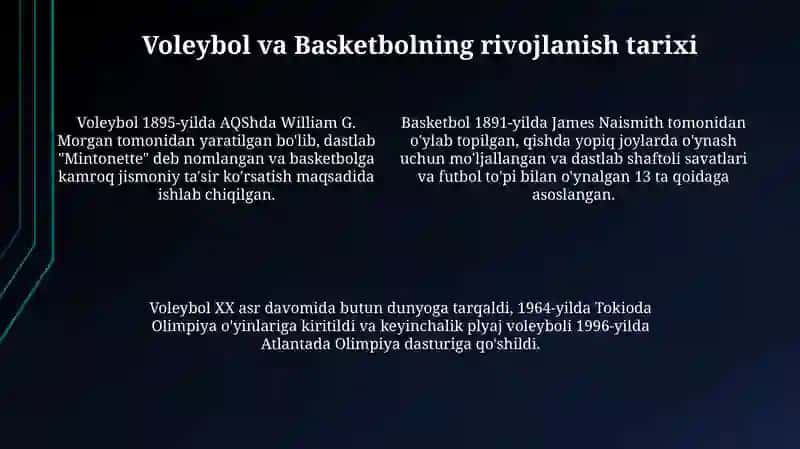Voleybol va Basketbol: Tarix, Qoidalar va Texnikalar 4